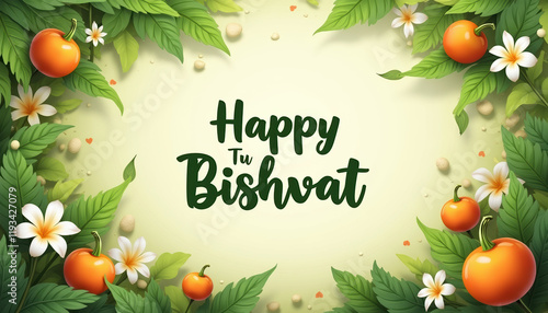 A vibrant banner for Tu Bishvat with a playful design including 'Happy Tu Bishvat' surrounded by colorful fruits and greenery, celebrating joy and abundance. photo