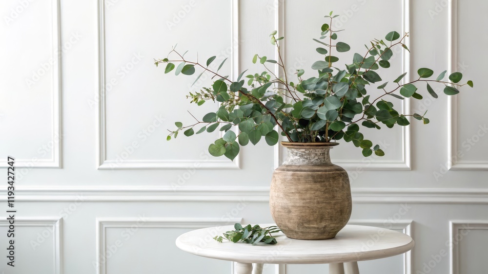 Fototapeta premium Eucalyptus Branch in Earthen Vase on White Table, Minimalist Home Decor, Interior Design, Still Life Photography Home Decor, Interior Styling