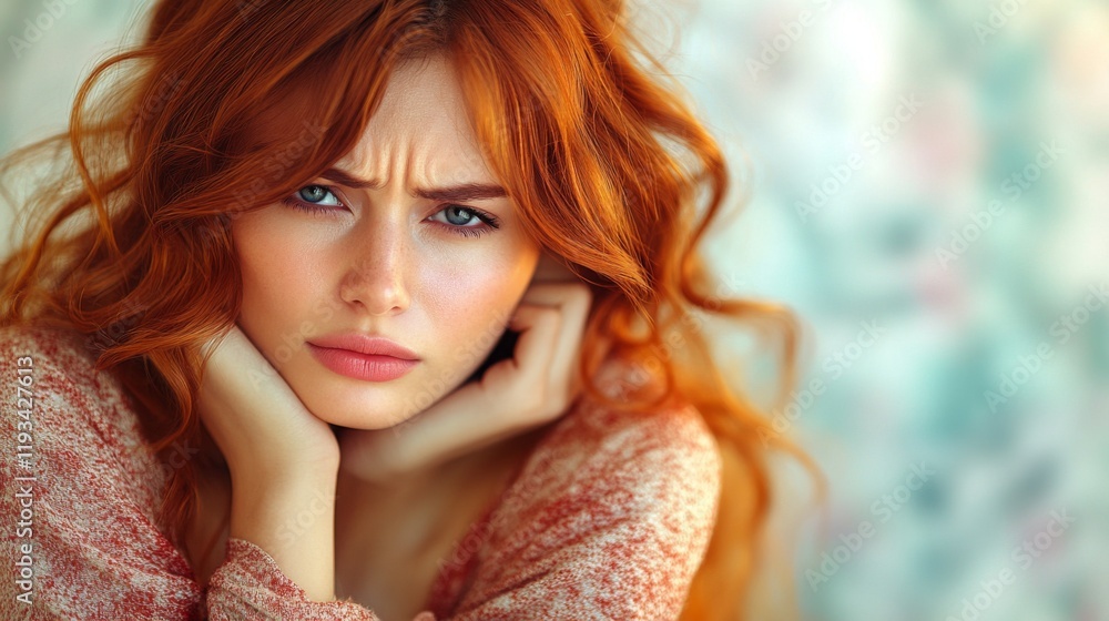 Fototapeta premium Portrait of a pensive redhead woman with a concerned expression
