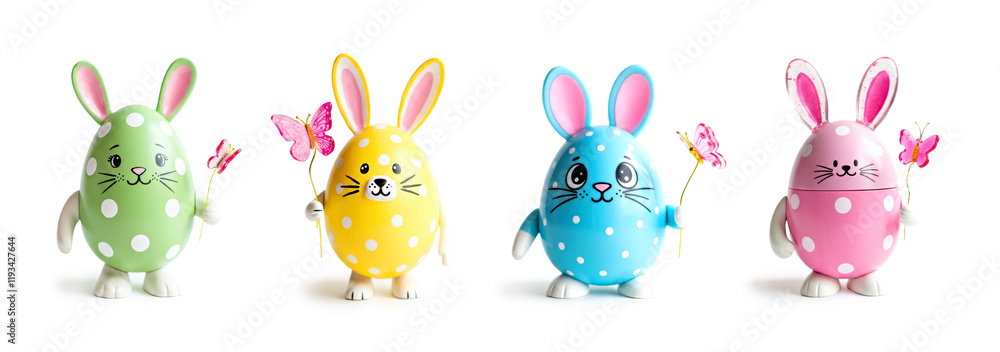 Obraz premium Colorful Easter Egg Bunnies with Polka Dots and Butterflies. Easter concept