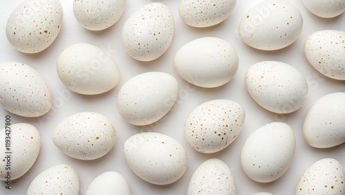 Flatlay of Speckled White Eggs, Minimalist Easter Composition, Neutral Tones, Gold Spots, Bird Eggs Easter eggs, flatlay photo