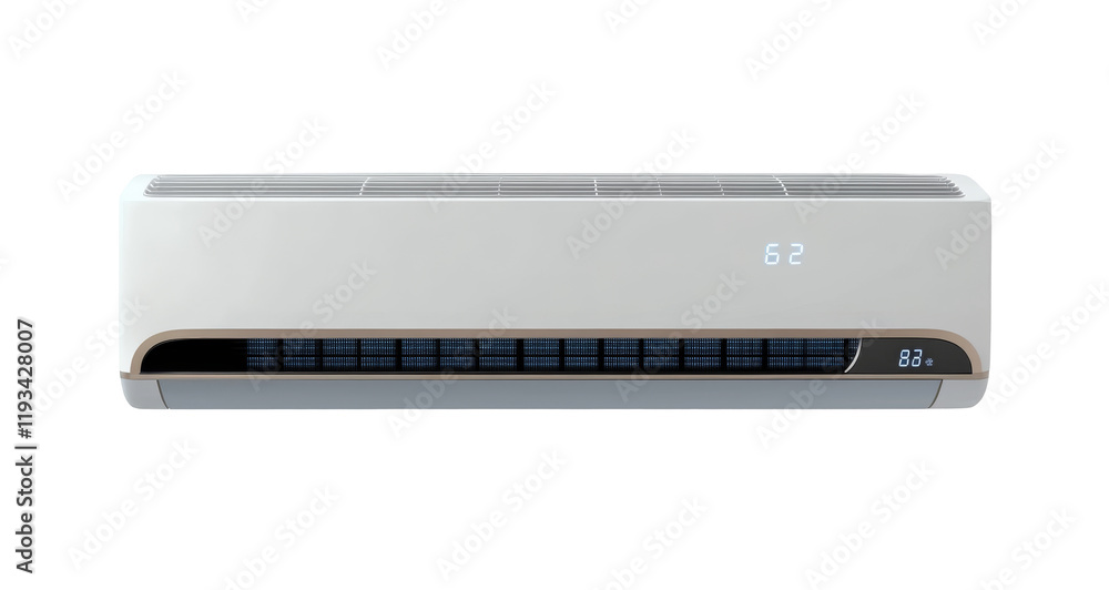 Modern Wall-Mounted Air Conditioner with Digital Display Isolated on Transparent Background for Cooling Modern Wall-Mounted Air Conditioner with Digital Display Isolated on Transparent Background for Cooling
