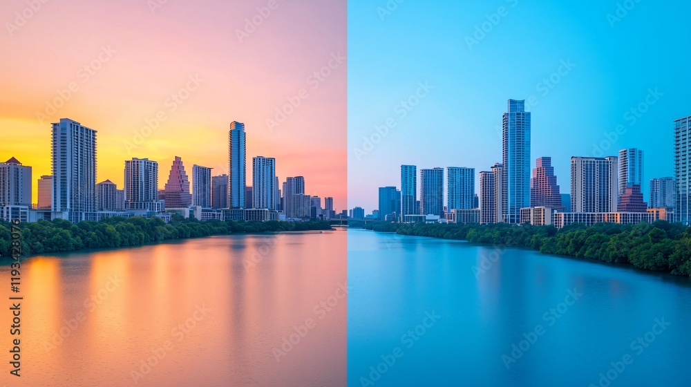 Fototapeta premium Split image of city skyline at sunrise and sunset, reflected in calm water.
