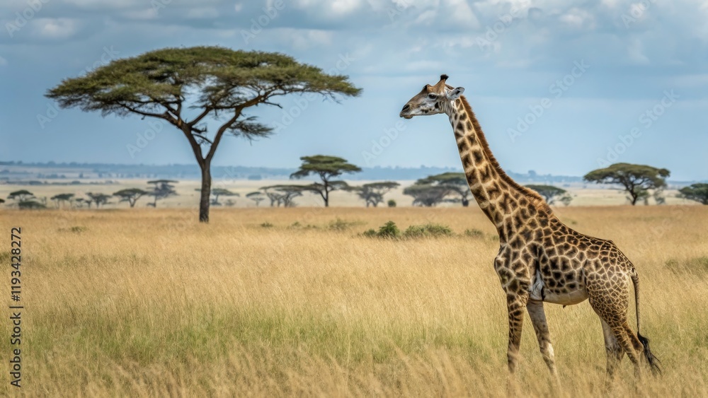 Fototapeta premium Giraffe in African Savanna Landscape Photography, Single Subject Composition, Golden Hour Light African Wildlife, Savanna Landscape