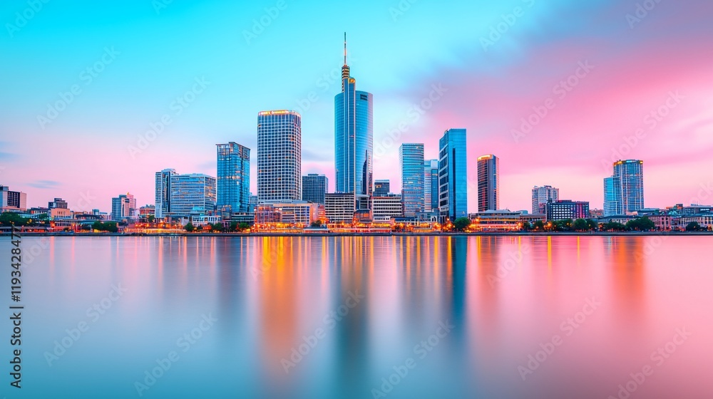 Stunning city skyline at sunset, reflected in calm water.