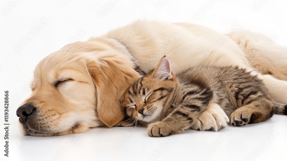 custom made wallpaper toronto digitalGolden Retriever Puppy and Kitten Sleeping Together Close-up, White Background, Friendship Concept, Pet Photography Pet Photography, Animal Friends