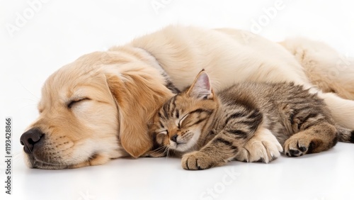 Wallpaper Mural Golden Retriever Puppy and Kitten Sleeping Together Close-up, White Background, Friendship Concept, Pet Photography Pet Photography, Animal Friends Torontodigital.ca
