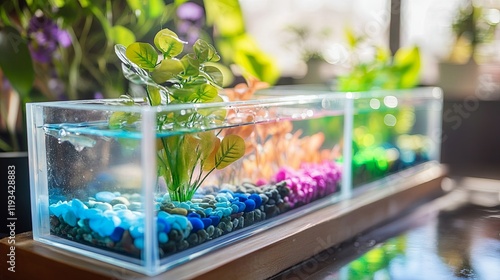 A colorful mini aquarium building activity with small tanks, plants, and pebbles photo