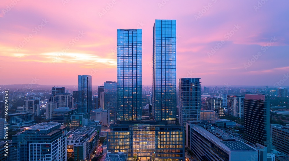 Fototapeta premium Stunning sunset cityscape with modern skyscrapers and city lights.
