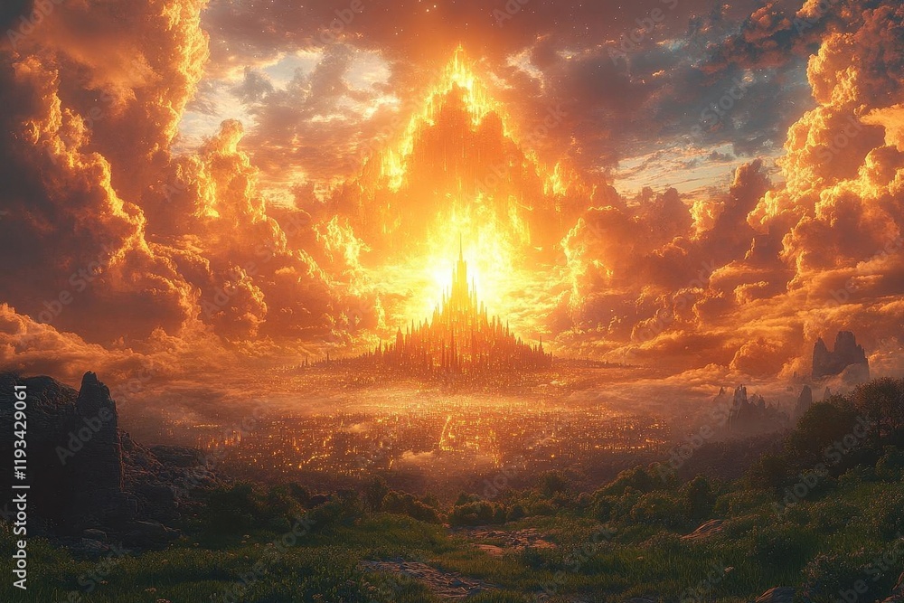Obraz premium radiant illustration of the new jerusalem, the holy city of zion, glowing with divine glory against a lush grassy plain, capturing biblical imagery and the promise of a new earth in stunning detail