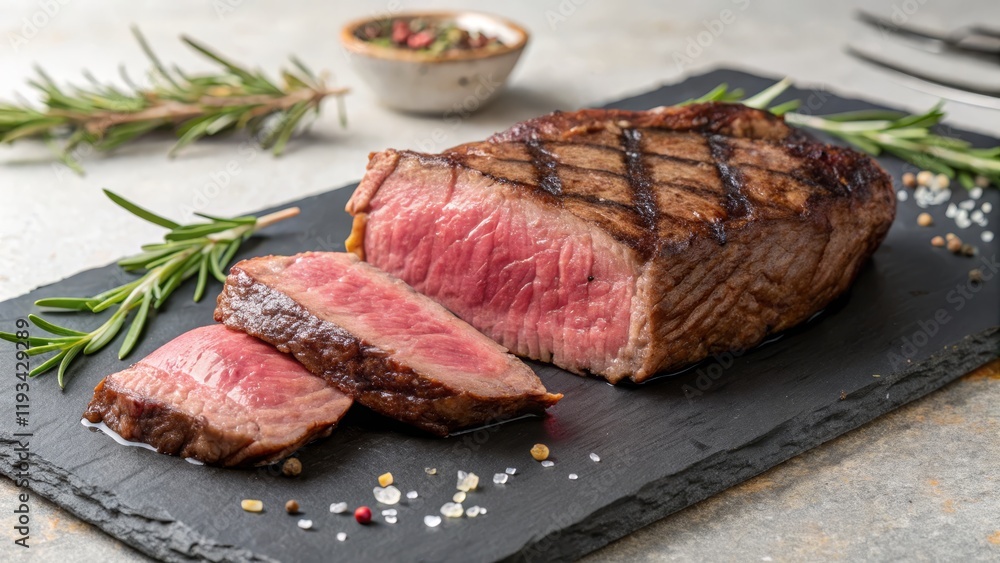 Grilled Steak on Slate Close-up, Medium-Rare, Rosemary Garnish, Food Photography, Delicious Steak, Food Photography Grilled Steak on Slate Close-up, Medium-Rare, Rosemary Garnish, Food Photography, Delicious Steak, Food Photography