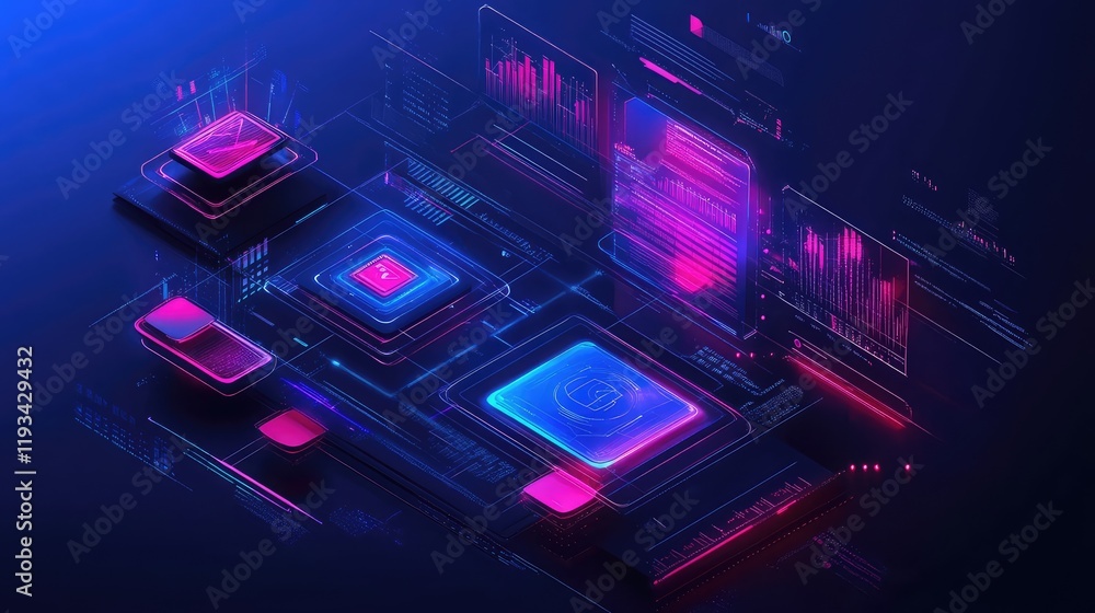 Obraz premium A floating 3D holographic computer interface displaying advanced analytics and futuristic designs