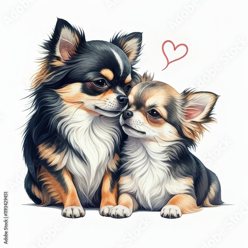 Two Chihuahuas Sharing a Moment - Two adorable Chihuahuas snuggle close, symbolizing love, companionship, loyalty, affection, and devotion. A heartwarming image perfect for pet lovers. photo