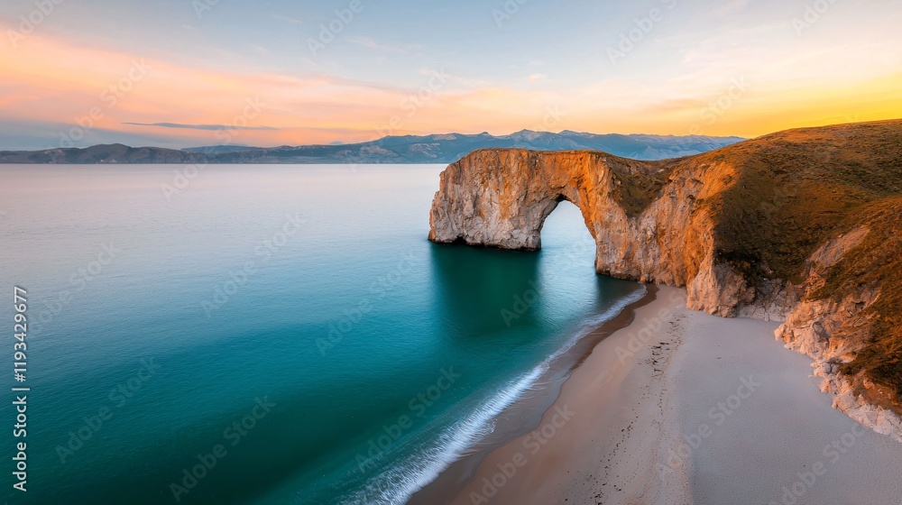 Sunrise over coastal rock arch, ocean, beach, and mountains. Sunrise over coastal rock arch, ocean, beach, and mountains.