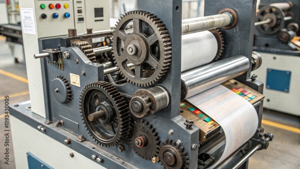 Industrial Printing Press Close-up of Gears, Metal Rollers and Printed Material, industrial machinery, printing technology printing machine, gears Industrial Printing Press Close-up of Gears, Metal Rollers and Printed Material, industrial machinery, printing technology printing machine, gears