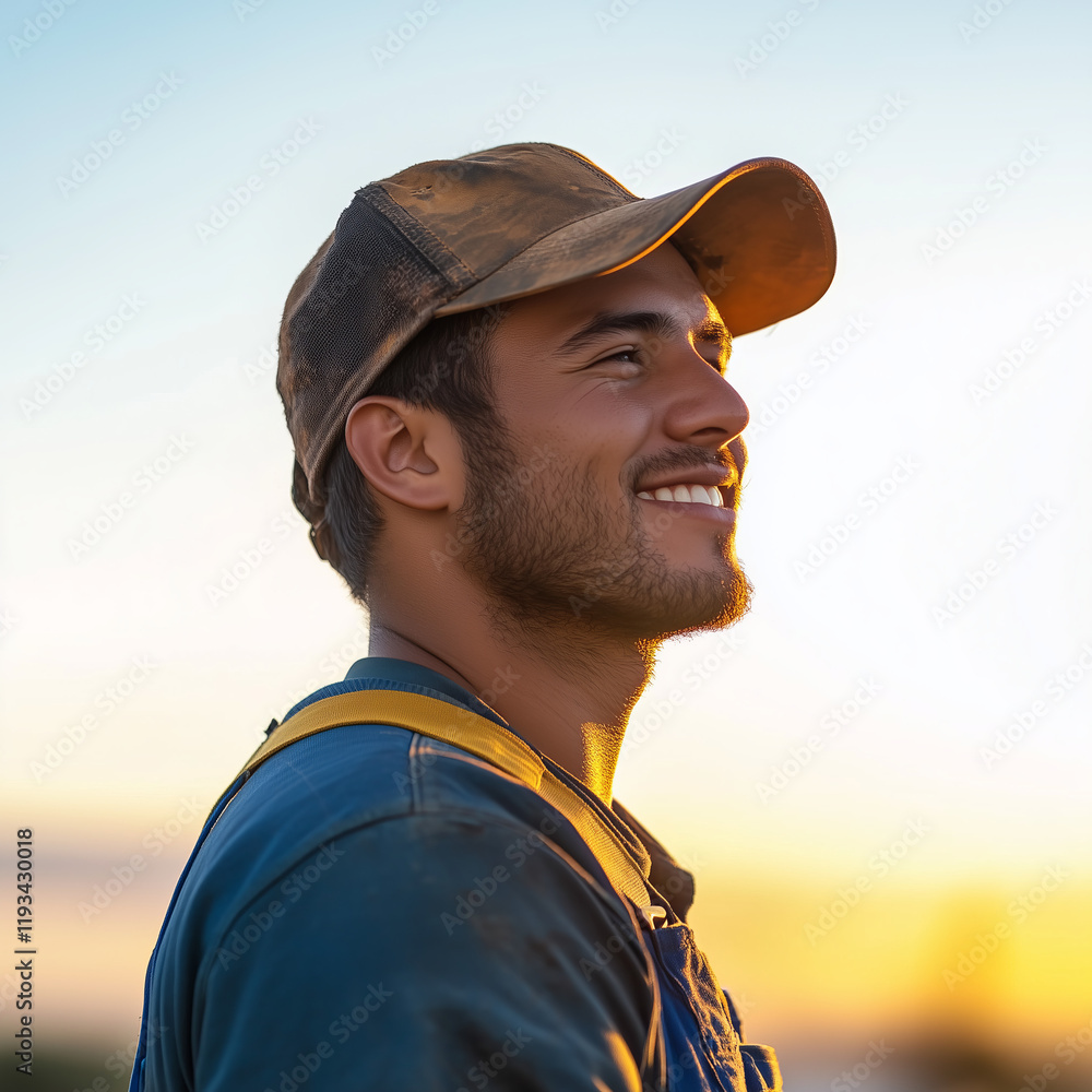 Smiling farmer in a cap and overalls looking optimistic at sunrise, symbolizing hard work and rural life
Smiling farmer in a cap and overalls looking optimistic at sunrise, symbolizing hard work and rural life