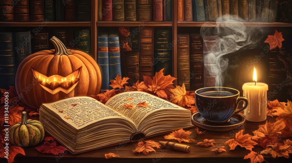 Autumnal library scene with carved pumpkin, open book, steaming coffee and candlelight Autumnal library scene with carved pumpkin, open book, steaming coffee and candlelight