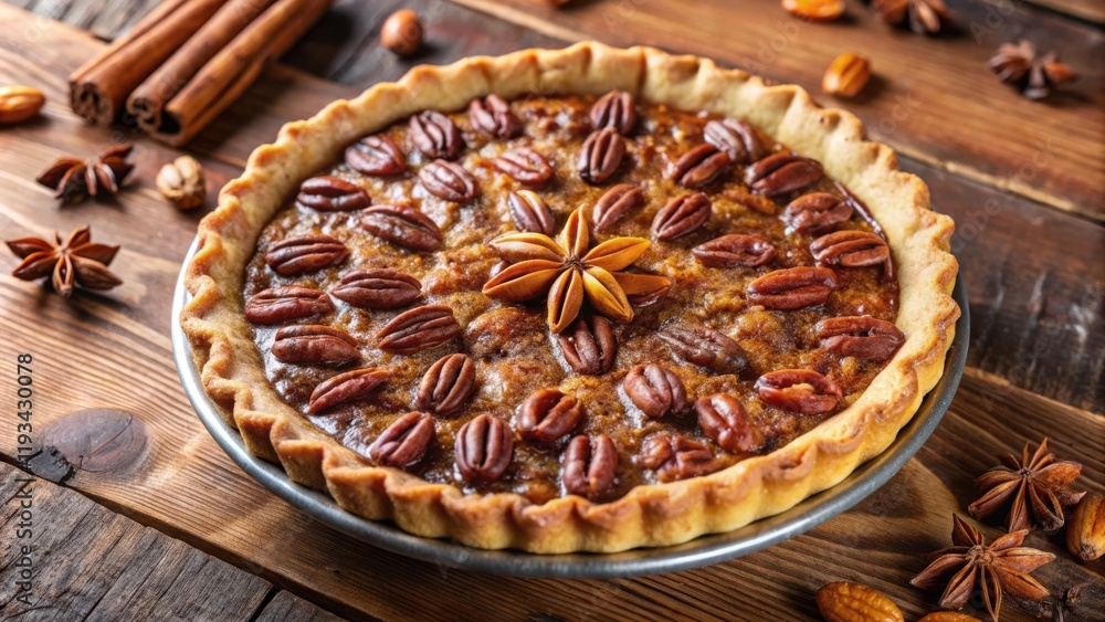 A single pecan pie with a star anise on top, surrounded by cinnamon sticks and star anise on a wooden background A single pecan pie with a star anise on top, surrounded by cinnamon sticks and star anise on a wooden background
