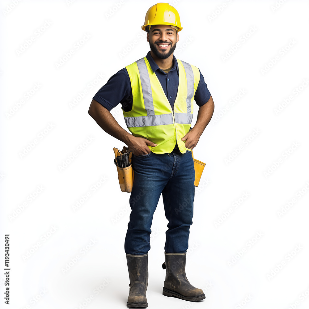 Smiling construction worker in a yellow safety vest and hard hat, equipped with tool belt, standing confidently on a white background
Smiling construction worker in a yellow safety vest and hard hat, equipped with tool belt, standing confidently on a white background