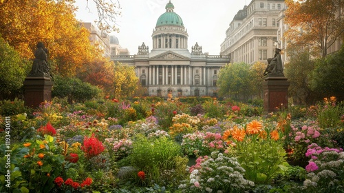 A conceptual image of a sustainable future with a government building in the foreground, symbolizing the enactment of net zero carbon policies and the commitment to climate change mitigation.