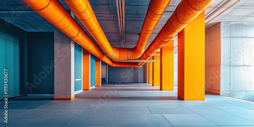 A spacious industrial area features vivid orange pipes running along the ceiling and concrete pillars supporting the structure. The modern architecture showcases a unique design.