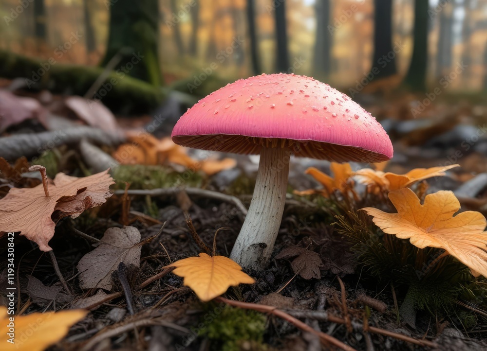 A vibrant orange and pink mushroom cap growing from the surface of the forest soil amidst the fallen leaves, , orange A vibrant orange and pink mushroom cap growing from the surface of the forest soil amidst the fallen leaves, , orange