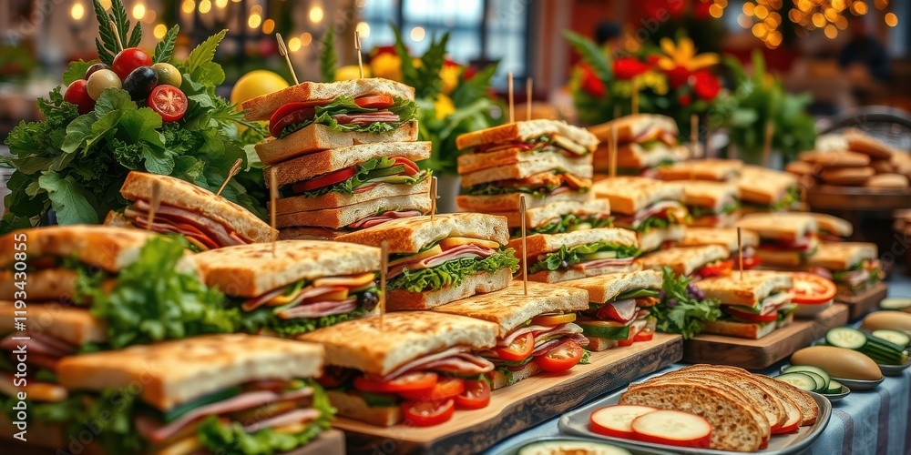 A delightful arrangement of stacked sandwiches, prepared with fresh vegetables and meats, displayed on wooden platters for a catering event. A delightful arrangement of stacked sandwiches, prepared with fresh vegetables and meats, displayed on wooden platters for a catering event.
