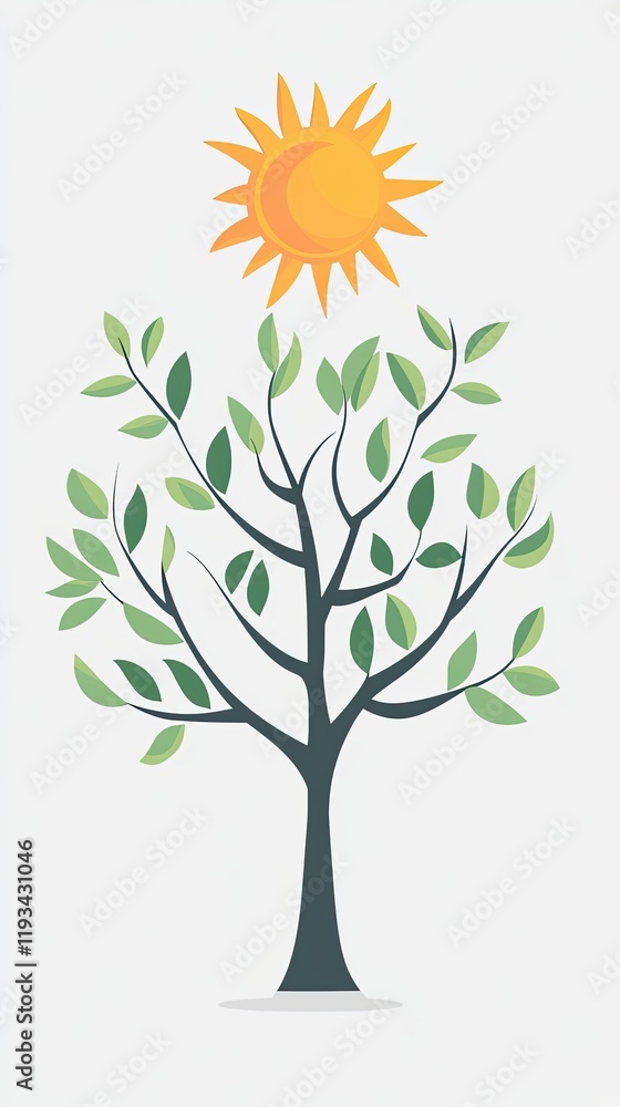 Fototapeta premium Sunlit Sapling: A vibrant illustration of a young tree reaching towards a bright sun, symbolizing growth, hope, and the power of nature. 