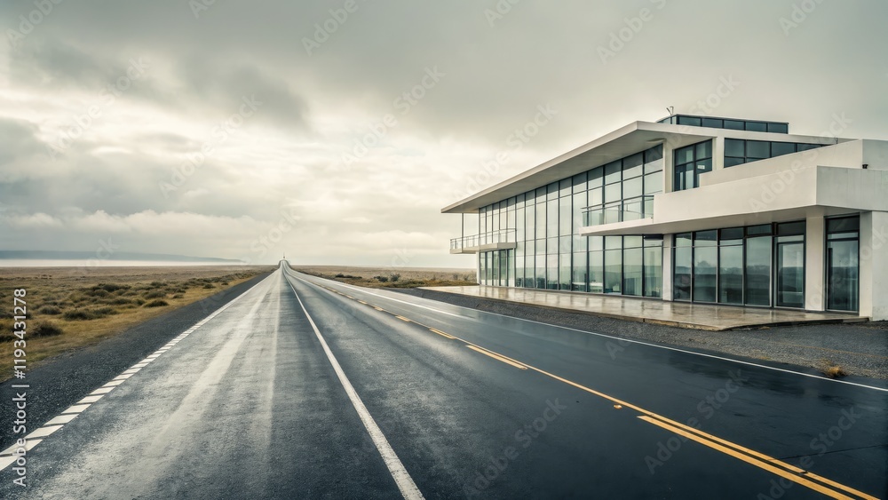 Modern Architecture by the Road Wide Angle Composition, Minimalist Design, Patagonian Landscape, Asphalt Road Architectural Photography, Patagonian Landscape