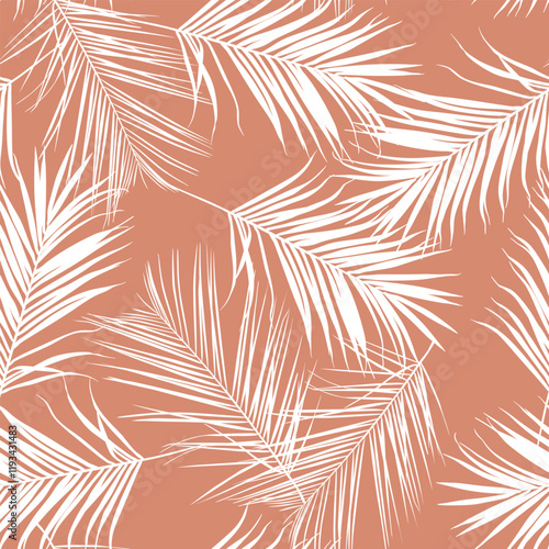 Nature seamless pattern. Hand drawn tropical summer background: beige brown white palm tree leaves, line art background.