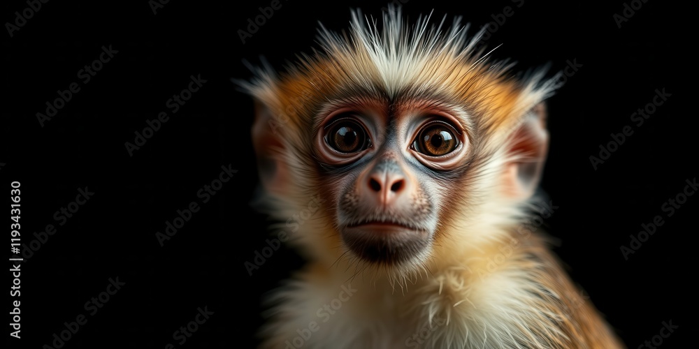 A Young Primate with Large, Expressive Eyes Gazes Directly into the Camera Against a Dark Background A Young Primate with Large, Expressive Eyes Gazes Directly into the Camera Against a Dark Background