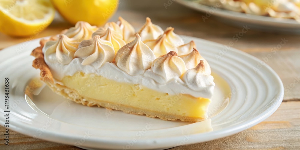 A single slice of lemon meringue pie sits on a white plate, the fluffy meringue peaks gleaming with light. A single slice of lemon meringue pie sits on a white plate, the fluffy meringue peaks gleaming with light.