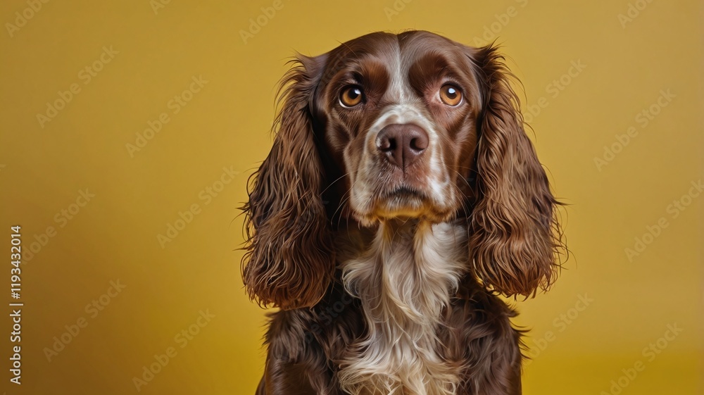 Portrait serious and attentive Spaniel water dog looking at camera. Isolated on yellow background Portrait serious and attentive Spaniel water dog looking at camera. Isolated on yellow background