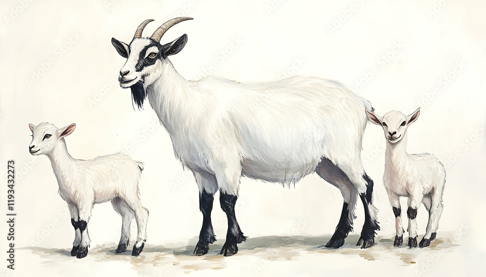 Domestic goats: a mother goat and two kids Domestic goats: a mother goat and two kids