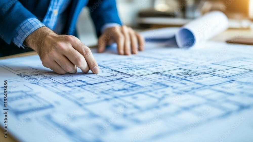 A macro shot of a professional looking at a blueprint on a desk, representing a business mindset actively working on a strategy to capitalize on emerging opportunities. A macro shot of a professional looking at a blueprint on a desk, representing a business mindset actively working on a strategy to capitalize on emerging opportunities.