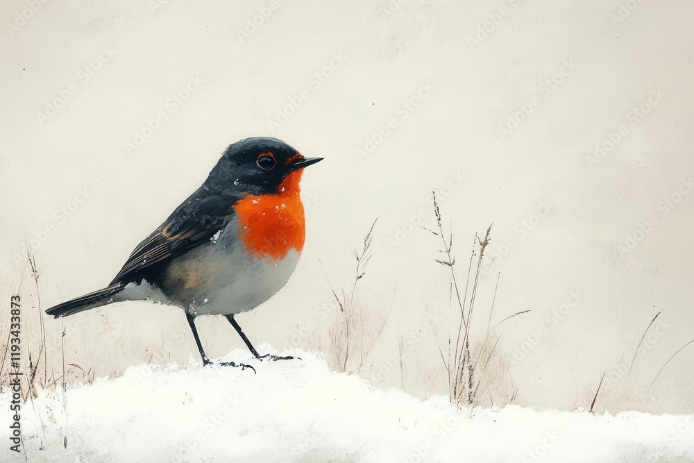 robin perched on soft snow, delicately surrounded by a winter landscape, showcasing the contrast between the vibrant bird and the serene white background, evoking feelings of calmness and beauty robin perched on soft snow, delicately surrounded by a winter landscape, showcasing the contrast between the vibrant bird and the serene white background, evoking feelings of calmness and beauty