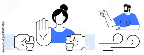 Woman stopping two fists, man pointing, wind swirls. Ideal for conflict resolution, communication, mediation, self-control, intervention emotional regulation disagreement management. Abstract line