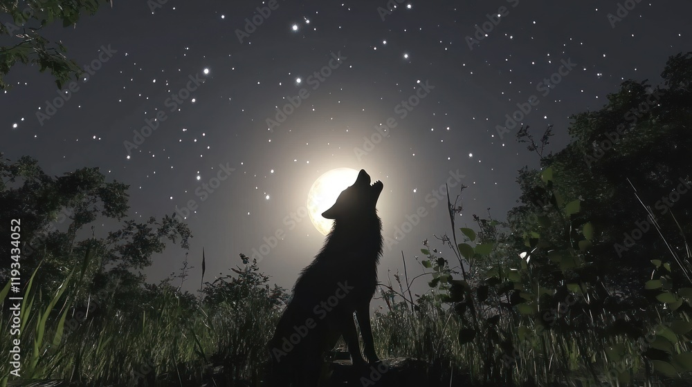 Fototapeta Wolf Howling at Full Moon in a Starry Night Sky Surrounded by Forest Trees