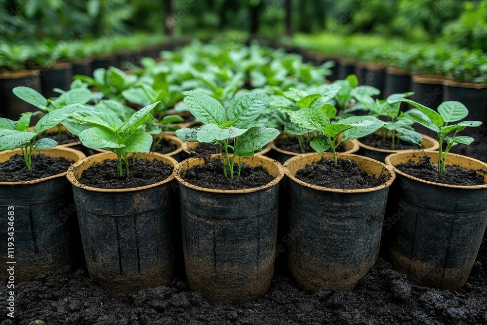 rubber seedlings in pots waiting to be prepared for planting, nestled in rich soil with hints of green, symbolizing new beginnings and the promise of growth in the agricultural cycle rubber seedlings in pots waiting to be prepared for planting, nestled in rich soil with hints of green, symbolizing new beginnings and the promise of growth in the agricultural cycle
