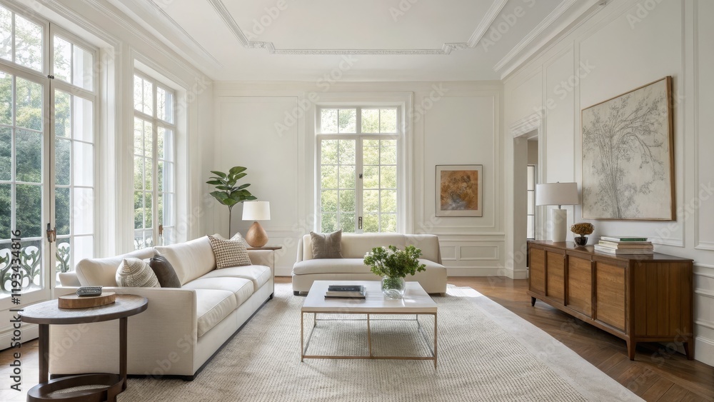 Serene Living Room Neutral Palette, White Walls, Natural Light, Sectional Sofa, Area Rug,Modern Interior Design Interior Design, Home Decor Serene Living Room Neutral Palette, White Walls, Natural Light, Sectional Sofa, Area Rug,Modern Interior Design Interior Design, Home Decor