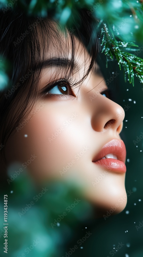Beautiful young woman gazes upwards surrounded by evergreen branches and soft snowflakes in a serene winter setting Beautiful young woman gazes upwards surrounded by evergreen branches and soft snowflakes in a serene winter setting