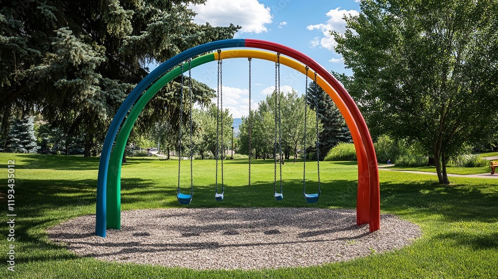 A colorful swing set in a park surrounded by green grass and trees A colorful swing set in a park surrounded by green grass and trees