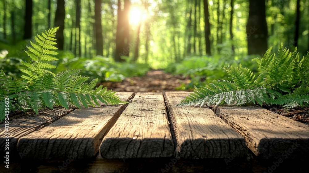 A refreshing spring scene featuring juicy green foliage, a wooden table in a natural setting, with sunlight shining through and creating a bokeh effect A refreshing spring scene featuring juicy green foliage, a wooden table in a natural setting, with sunlight shining through and creating a bokeh effect