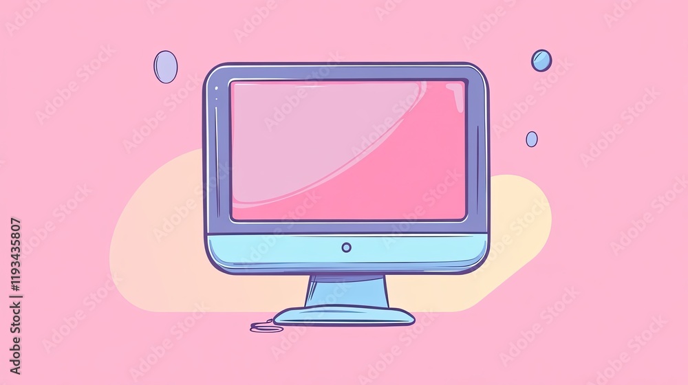 Computer Icon on Pink Background: A whimsical illustration featuring a cartoon computer monitor on a soft pink background with pastel yellow and blue accents, perfect for illustrating technology. Computer Icon on Pink Background: A whimsical illustration featuring a cartoon computer monitor on a soft pink background with pastel yellow and blue accents, perfect for illustrating technology.