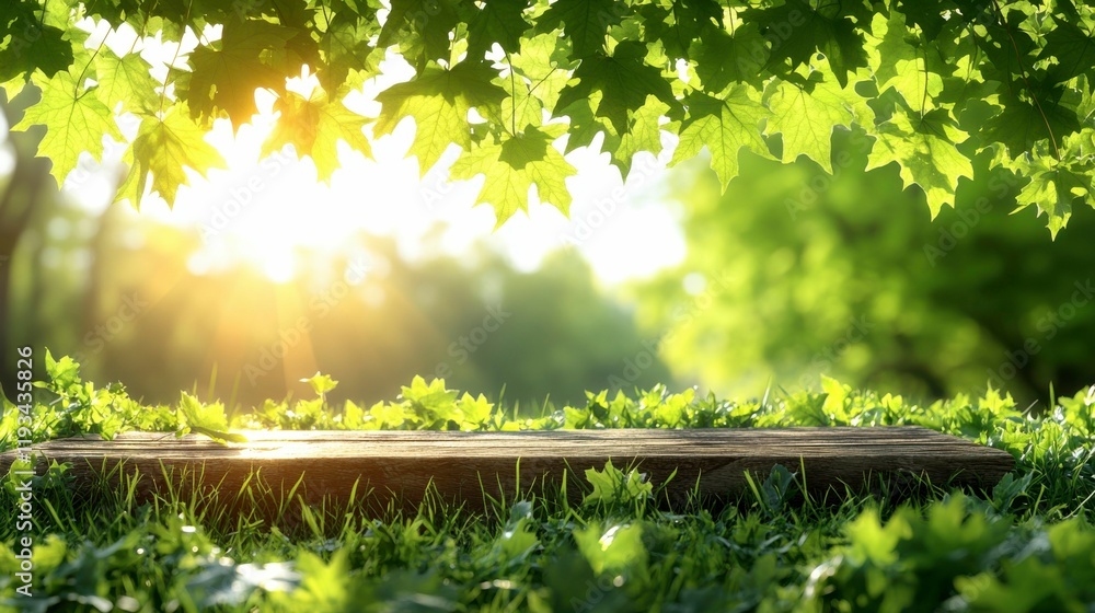 Fototapeta premium A vibrant spring background featuring lush green foliage and a rustic wooden table set in a natural outdoor environment, with soft bokeh and sunlight filtering through the leaves