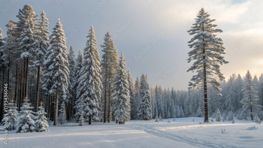 Obraz premium Sunlit Snow-Covered Pine Forest Landscape Photography, Winter Scene, Snowy Trees, Composition, Image Winter Landscape, Pine Trees