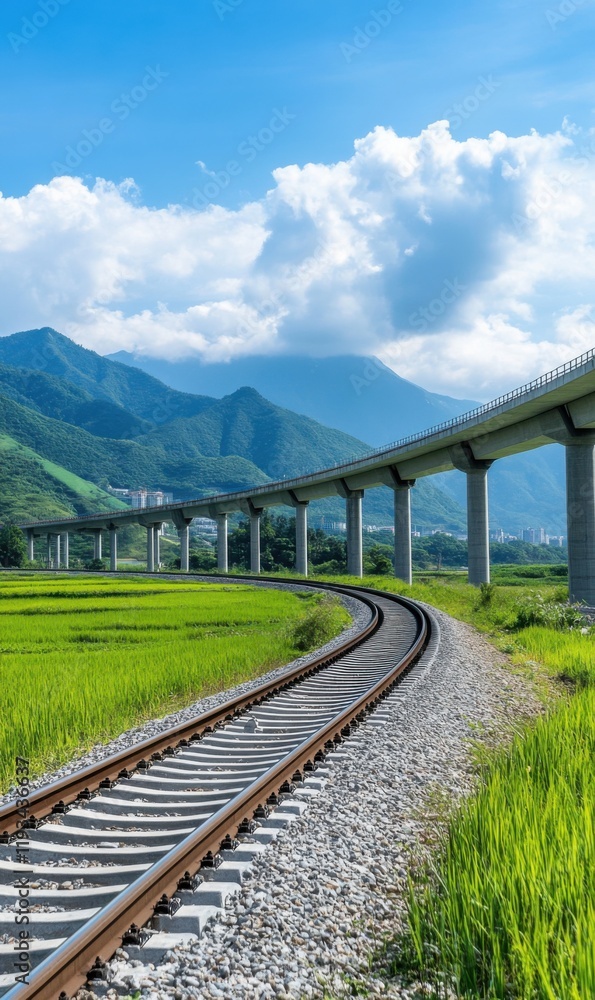 Scenic Railway Track Curving Through Lush Green Fields Under a Bright Blue Sky with Mountains in the Background Scenic Railway Track Curving Through Lush Green Fields Under a Bright Blue Sky with Mountains in the Background