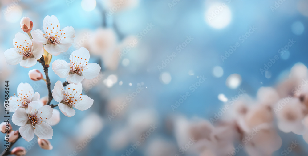 Blossoming cherry flowers against a soft blue background in springtime Blossoming cherry flowers against a soft blue background in springtime