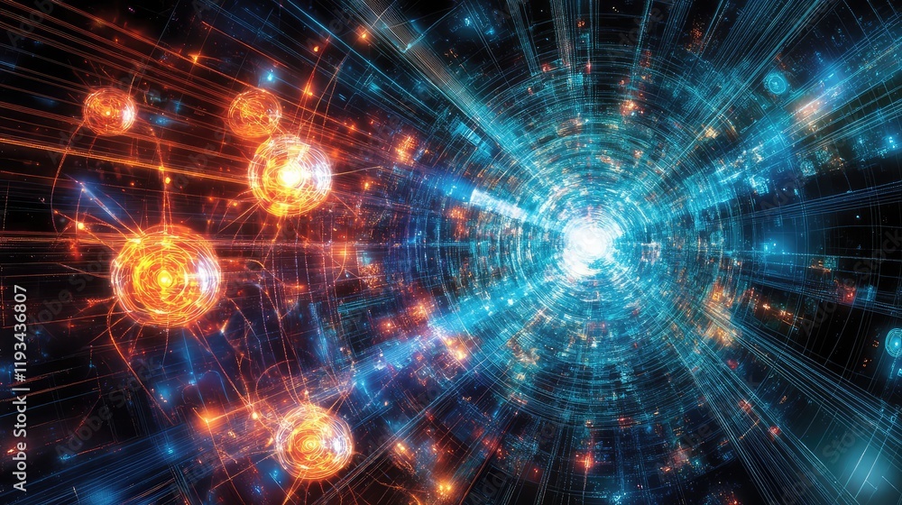 Fototapeta premium A futuristic design of a quantum computing system, with qubits and quantum circuits floating and interacting within a digital space