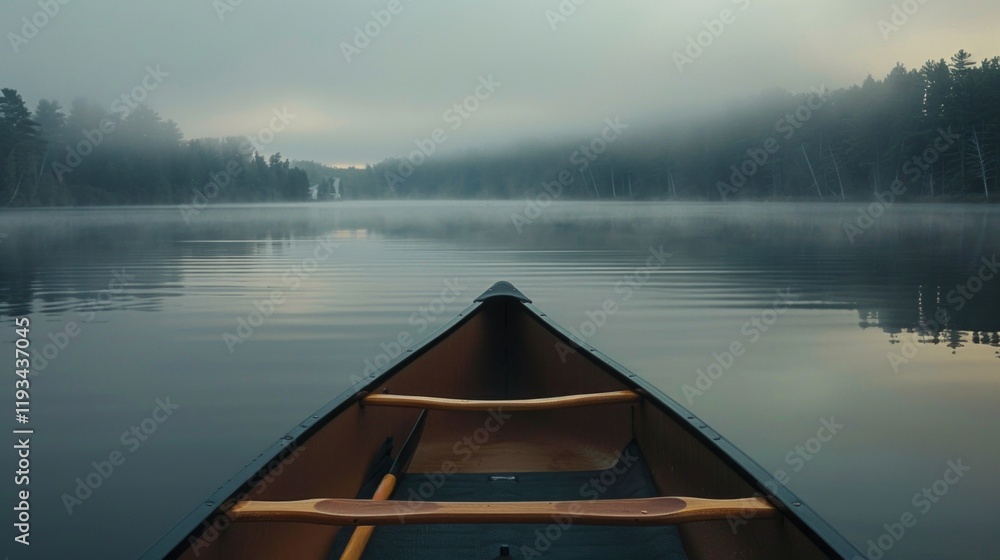 Morning mist over a calm lake, a new day begins in a canoe. Perfect for travel and nature blogs, articles about relaxation and meditation. Morning mist over a calm lake, a new day begins in a canoe. Perfect for travel and nature blogs, articles about relaxation and meditation.